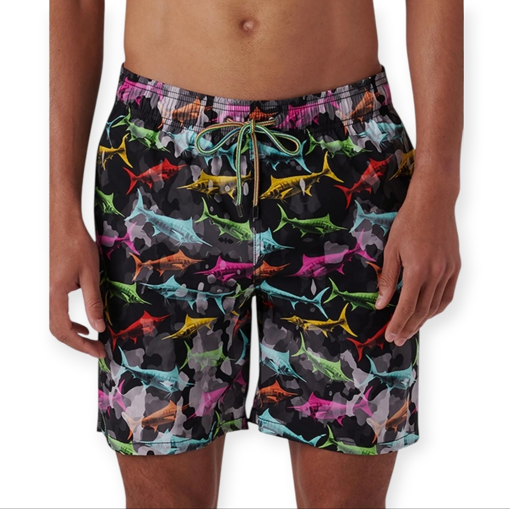 Bugatchi Men’s Black Fish Print Swim Trunks Size XL 6" Inseam NWT